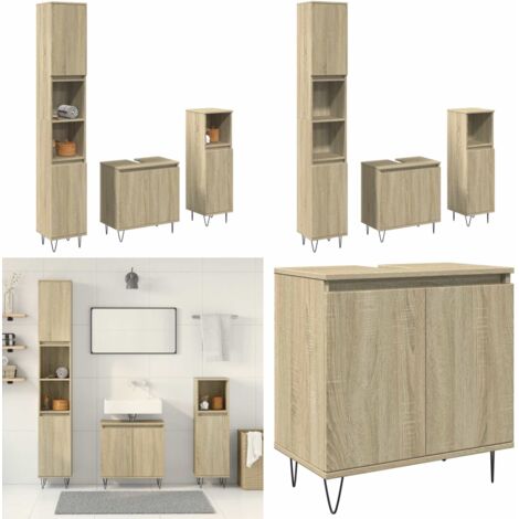 Set de muebles de baño 3 pzas madera contrachapada roble Sonoma - Armario de baño - Muebles de baño de madera
