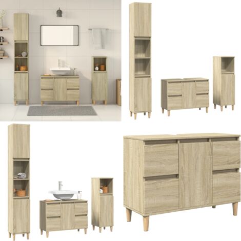 Set de muebles de baño 3 pzas madera contrachapada roble Sonoma - Armario de baño - Muebles de baño de madera
