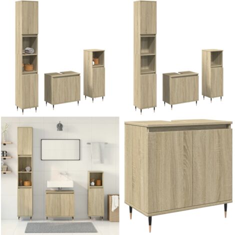 Set de muebles de baño 3 pzas madera contrachapada roble Sonoma - Armario de baño - Muebles de baño de madera
