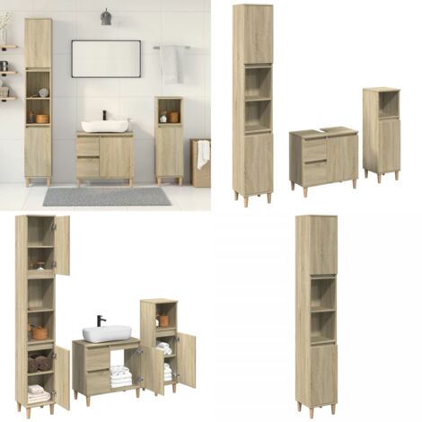 Set de muebles de baño 3 pzas madera contrachapada roble Sonoma - Armario de baño - Muebles de baño de madera