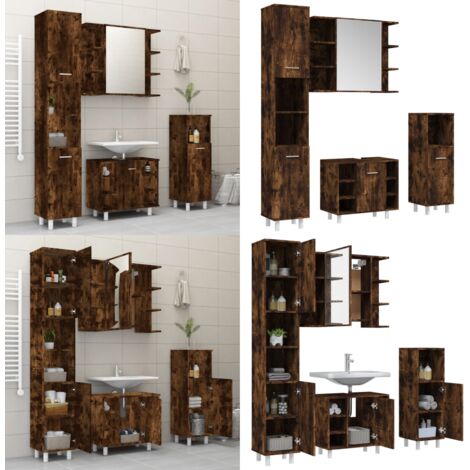 Set de muebles de baño 4 piezas madera contrachapada roble humo - Armarios de baño - Muebles de baño con almacenamiento