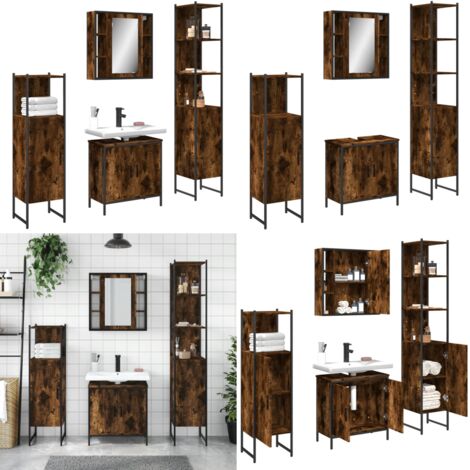 Set de muebles de baño 4 piezas madera contrachapada roble humo - Muebles de baño - Armario con espejo