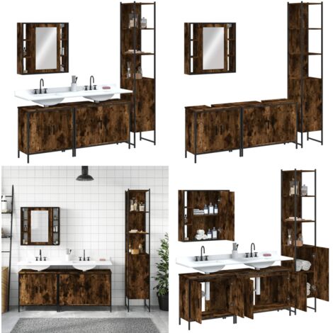 Set de muebles de baño 4 piezas madera contrachapada roble humo - Muebles de baño - Armario con espejo