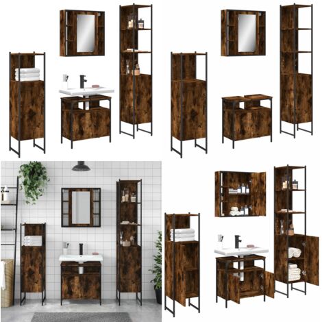 Set de muebles de baño 4 piezas madera contrachapada roble humo - Muebles de baño - Armario con espejo