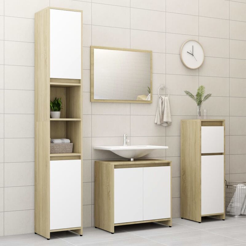 

Set de muebles de baño 4 pzas aglomerado blanco y roble sonoma