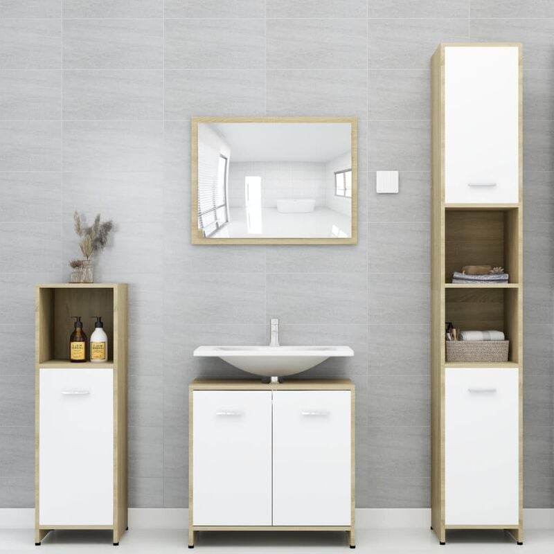 

Set de muebles de baño 4 pzas aglomerado blanco y roble sonoma