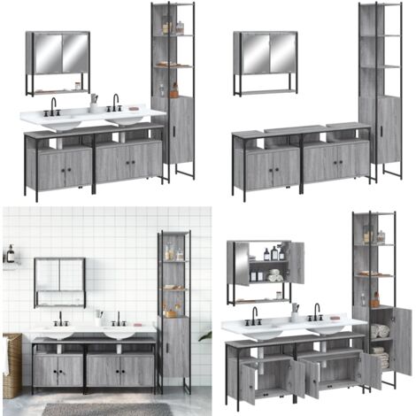 Set de muebles de baño 4 pzas madera contrachapada gris sonoma - Armario de baño - Mueble de baño con espejo