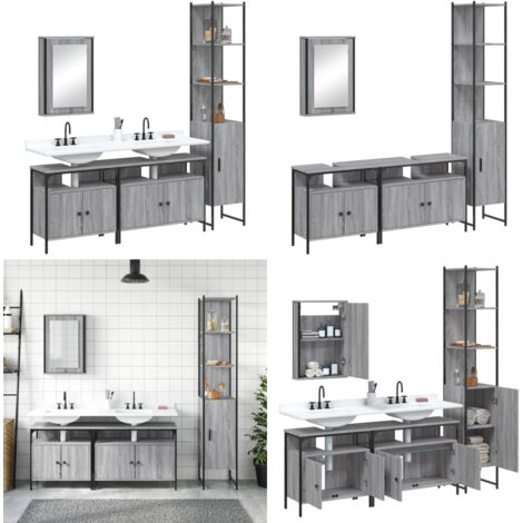 Set de muebles de baño 4 pzas madera contrachapada gris sonoma - Armario de baño - Mueble de baño con espejo