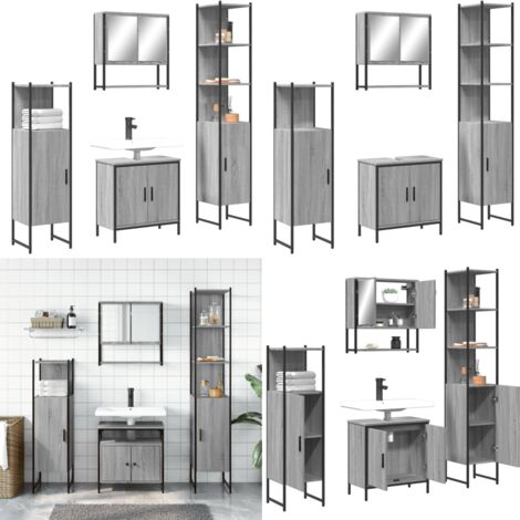Set de muebles de baño 4 pzas madera contrachapada gris sonoma - Armario de baño - Mueble de baño con espejo