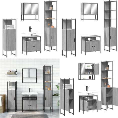 Set de muebles de baño 4 pzas madera contrachapada gris sonoma - Armario de baño - Mueble de baño con espejo
