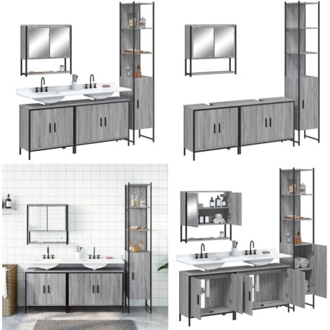 Set de muebles de baño 4 pzas madera contrachapada gris sonoma - Armario de baño - Mueble de baño con espejo
