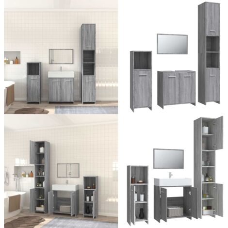 Set de muebles de baño 4 pzas madera contrachapada gris sonoma - Armario de baño - Muebles de baño de madera