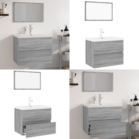 Set de muebles de baño madera contrachapada gris Sonoma - Lavabo empotrado - Espejo de maquillaje