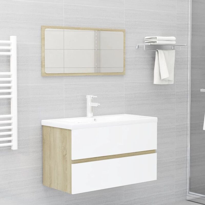 

Set de muebles de baño 2 piezas aglomerado blanco roble Sonoma - Beige