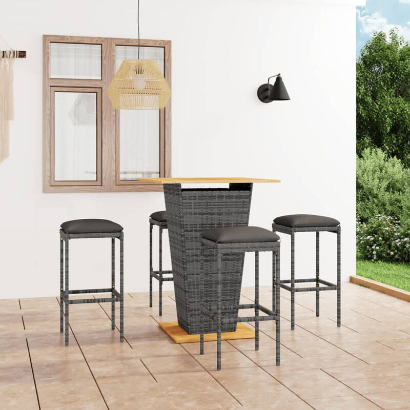 

Happyshopping - Set de muebles de bar de jardin 5 pzas y cojines ratan PE gris