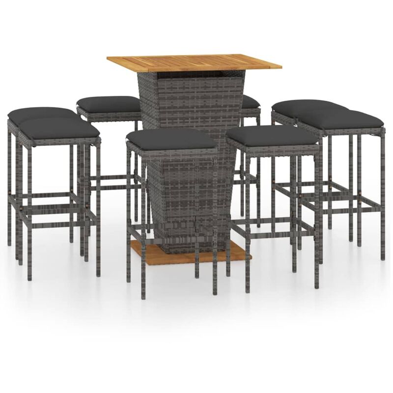 

Set de muebles de bar de jardín 9 pzas y cojines ratán PE gris