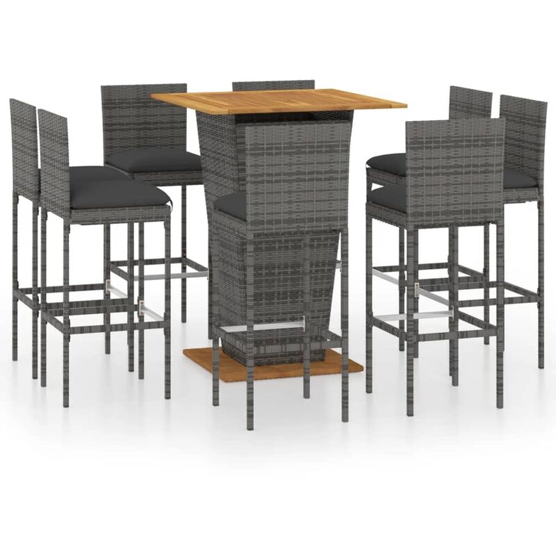 

Set de muebles de bar de jardín 9 pzas y cojines ratán PE gris