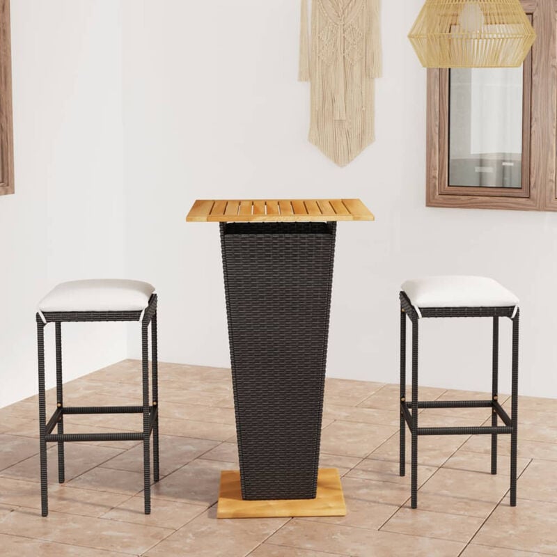 

Happyshopping - Set de muebles de bar jardin 3 piezas y cojines ratan PE negro