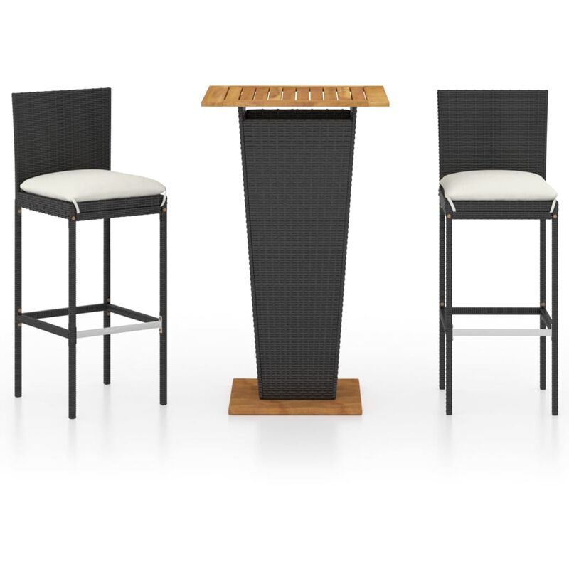

Set de muebles de bar jardín 3 piezas y cojines ratán PE negro