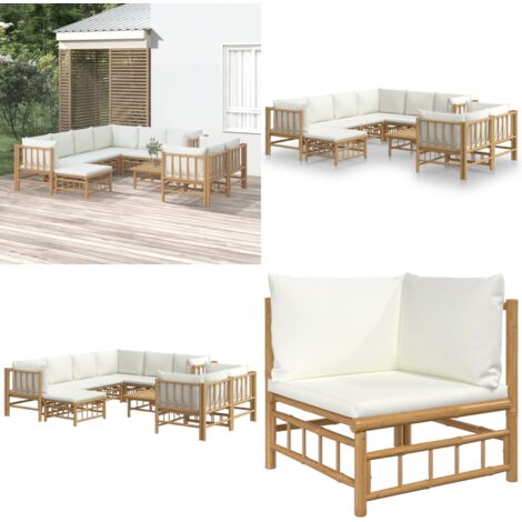 Set de muebles de jardín 10 piezas bambú y cojines blanco crema - Muebles de exterior - Sofás de jardín