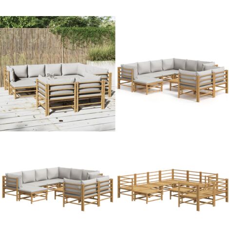 Set de muebles de jardín 10 piezas bambú y cojines gris claro - Muebles de exterior - Sofás de jardín