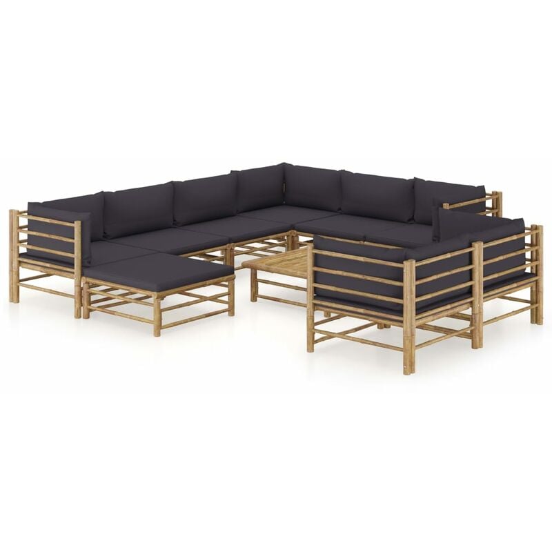 

Set de muebles de jardín 10 piezas bambú y cojines gris oscuro