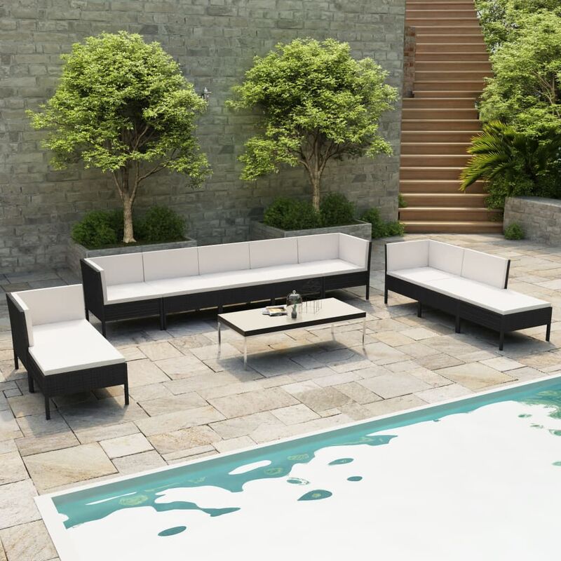 

Set de muebles de jardín 10 pzas cojines ratán sintético negro