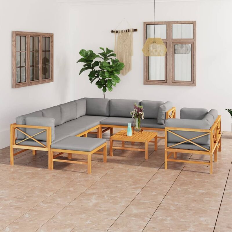 

Set de muebles de jardín 10 pzas madera de teca y cojines gris