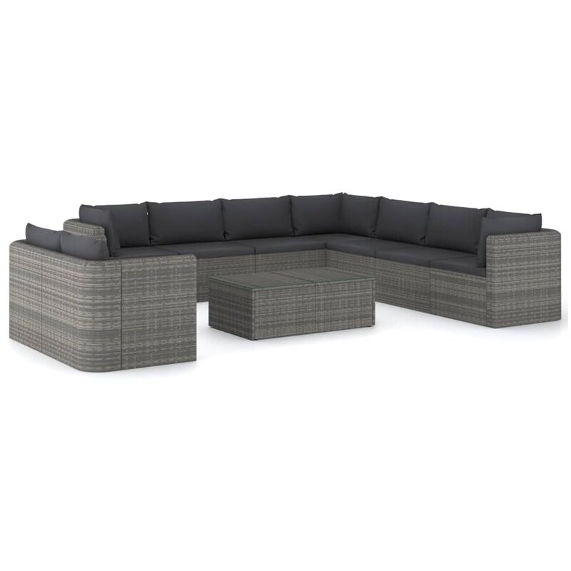 

Set de muebles de jardín 10 pzas ratán sintético y cojines gris