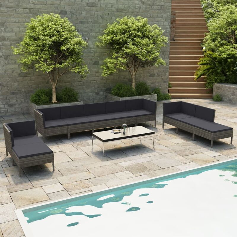 

Set de muebles de jardín 10 pzas y cojines ratán sintético gris