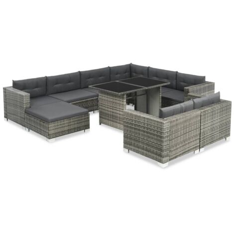 Set de muebles de jardín 10 pzas y cojines ratán sintético gris