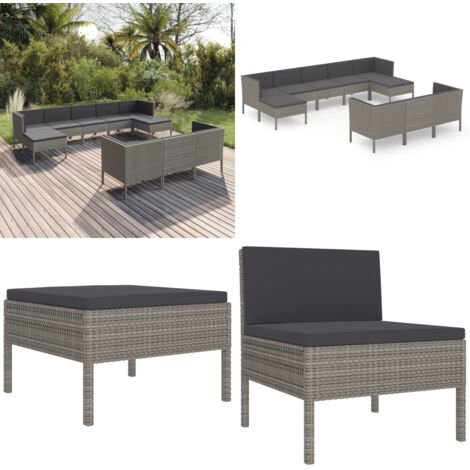Set de muebles de jardín 10 pzas y cojines ratán sintético gris - Muebles de jardín - Tumbonas de jardín