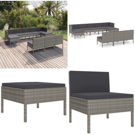 Set de muebles de jardín 10 pzas y cojines ratán sintético gris - Tumbonas - Cojines sintéticos