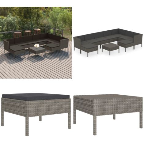 Set de muebles de jardín 10 pzas y cojines ratán sintético gris - Tumbonas - Cojines sintéticos