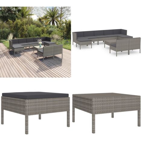 Set de muebles de jardín 10 pzas y cojines ratán sintético gris - Tumbonas - Cojines sintéticos