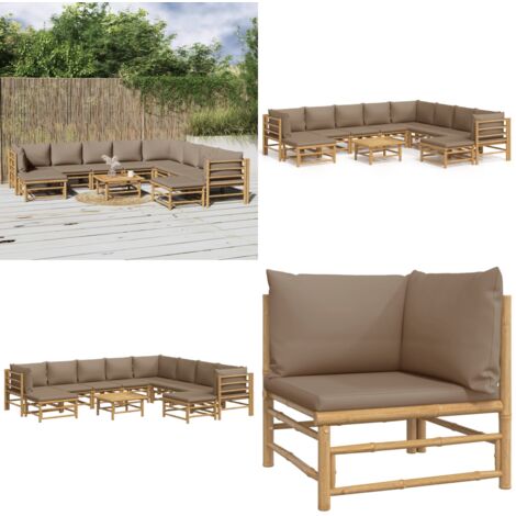 Set de muebles de jardín 11 piezas bambú y cojines gris taupé - Muebles de exterior - Sofás de jardín