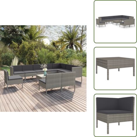 Set de muebles de jardín 11 pzas y cojines ratán sintético gris