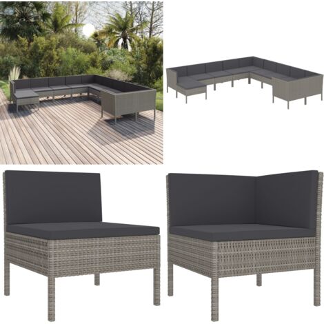 Set de muebles de jardín 11 pzas y cojines ratán sintético gris - Muebles de exterior - Tumbonas de jardín