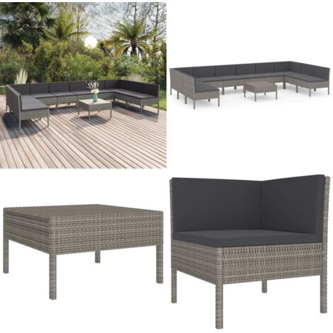Set de muebles de jardín 11 pzas y cojines ratán sintético gris - Muebles de jardín - Tumbonas