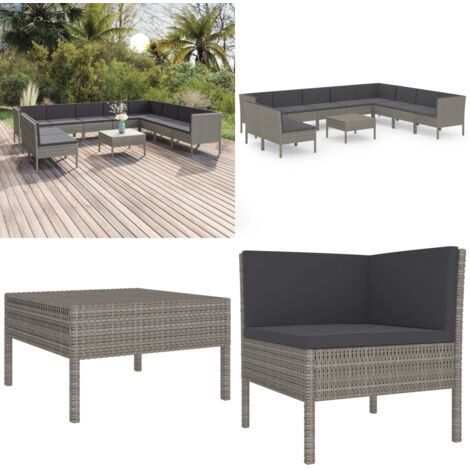 Set de muebles de jardín 11 pzas y cojines ratán sintético gris - Muebles de jardín - Tumbonas de jardín
