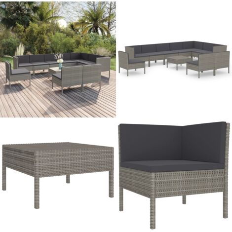 Set de muebles de jardín 11 pzas y cojines ratán sintético gris - Muebles de jardín - Tumbonas de jardín