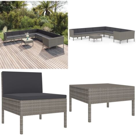 Set de muebles de jardín 11 pzas y cojines ratán sintético gris - Salón de jardín - Tumbonas
