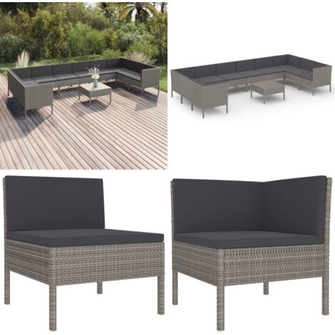 Set de muebles de jardín 11 pzas y cojines ratán sintético gris - Salón de jardín - Tumbonas