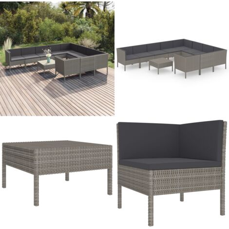 Set de muebles de jardín 11 pzas y cojines ratán sintético gris - Salón de jardín - Tumbonas