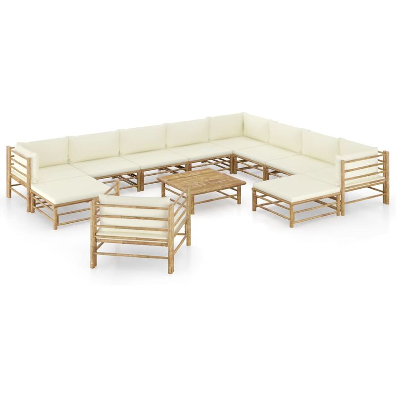 

Set de muebles de jardín 12 piezas bambú y cojines blanco crema