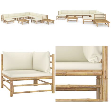 Set de muebles de jardín 12 piezas bambú y cojines blanco crema - Cojines de bambú - Tumbonas de exterior