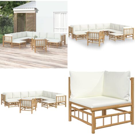 Set de muebles de jardín 12 piezas bambú y cojines blanco crema - Muebles de exterior - Sofás de jardín