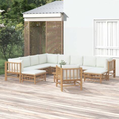 Set de muebles de jardín 12 piezas bambú y cojines blanco crema vidaXL