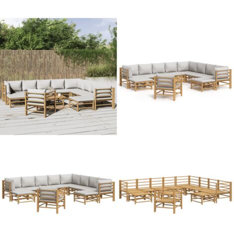 Set de muebles de jardín 12 piezas bambú y cojines gris claro - Muebles de exterior - Sofás de jardín