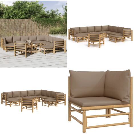 Set de muebles de jardín 12 piezas bambú y cojines gris taupé - Muebles de exterior - Sofás de jardín
